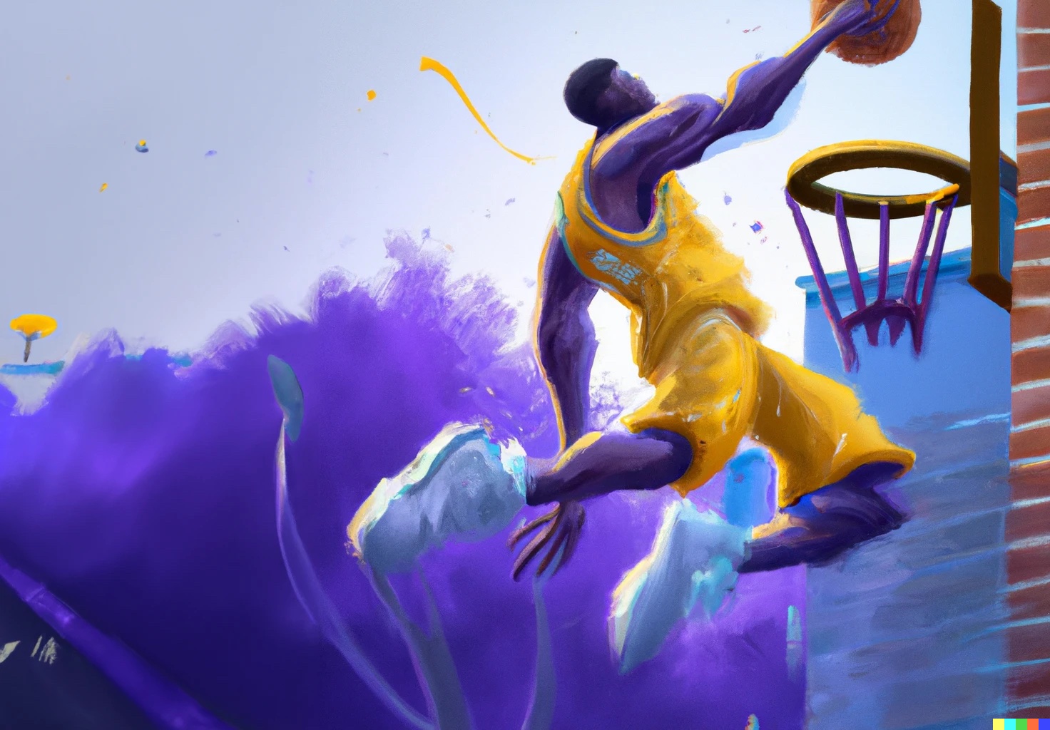 A digital painting of a basketball player dunking.