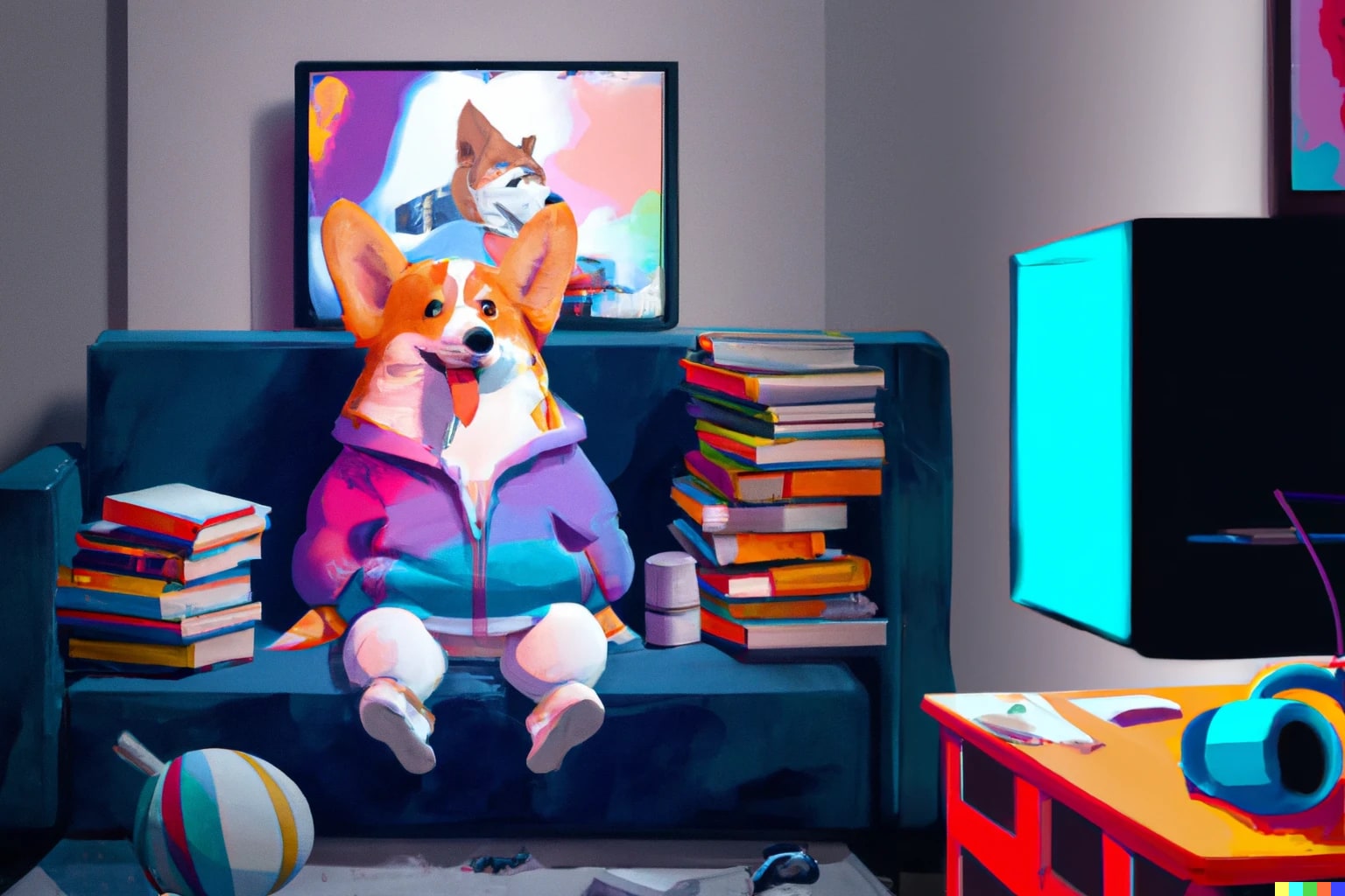 An antropomorphic corgi sitting on the couch, surrounded by books, watching a TV.