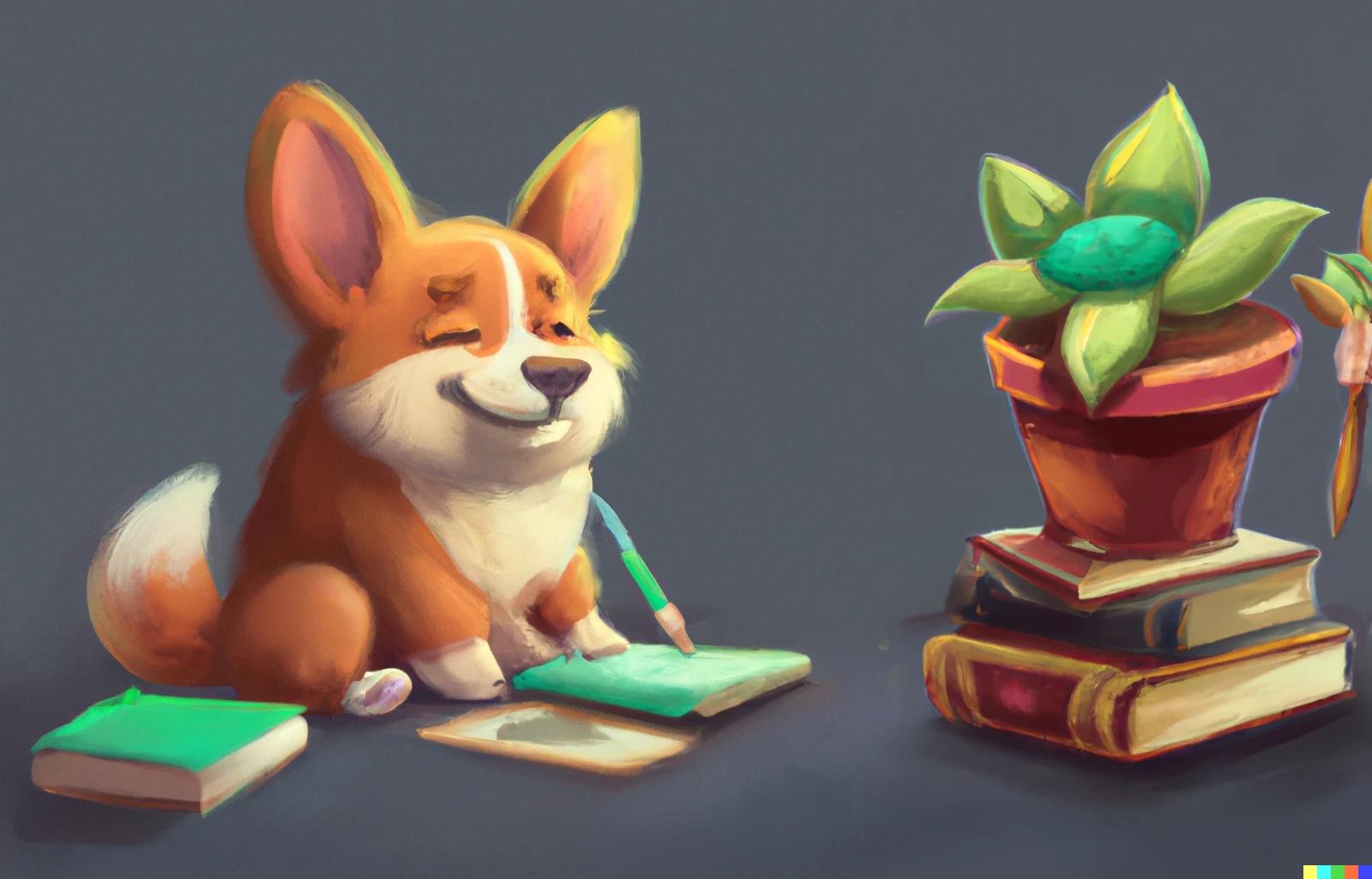 A cartoon corgi writing in a notebook.