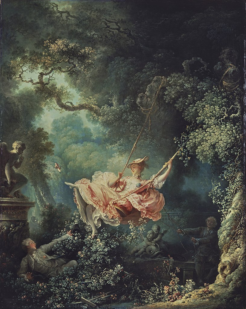 A woman in a pink dress is on a swing in the middle of a lush garden.