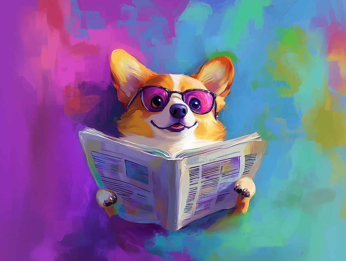 A cartoon corgi in glasses reading a newspaper on a colorful background.