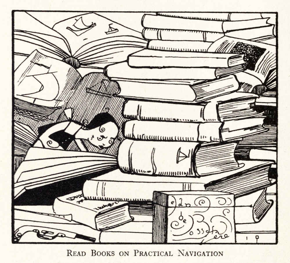 An illustration of a slightly distressed-looking woman surrounded by books.