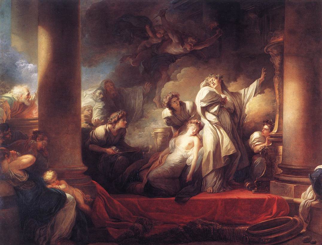 A Rococo painting depicting a white-robed figure sacrificing themselves while a group watches and a young girl lies on the floor.