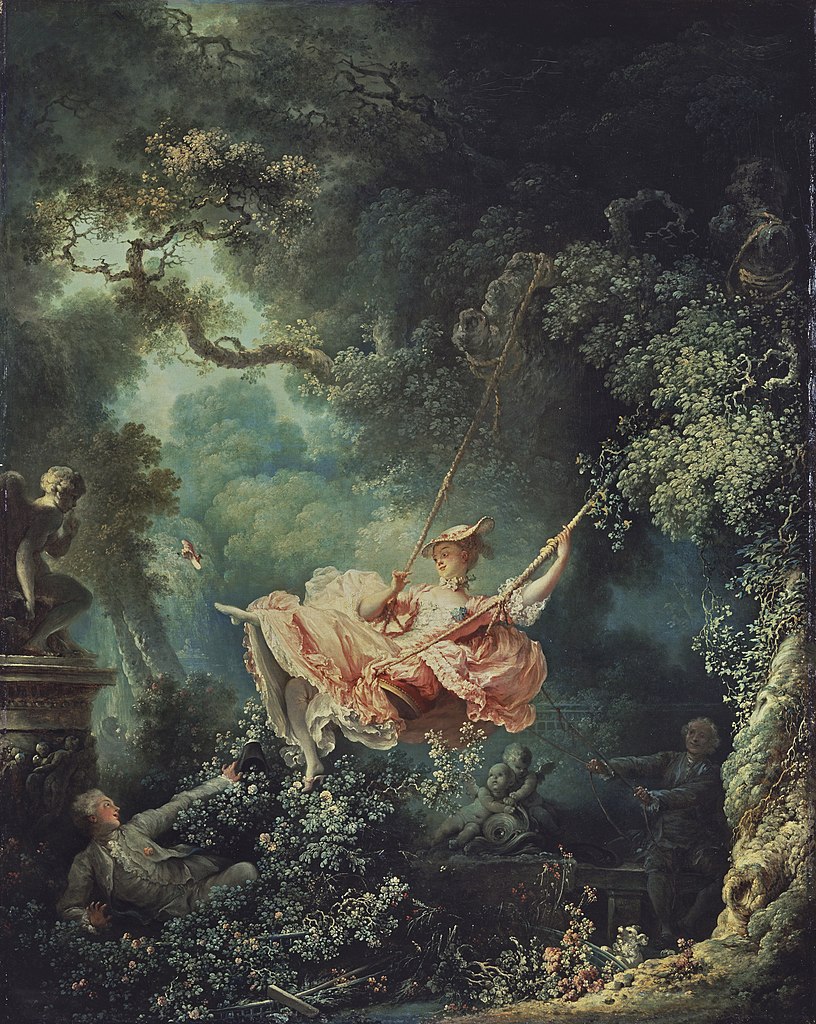 A Rococo painting depicting a young girl in a pink dress on a swing.