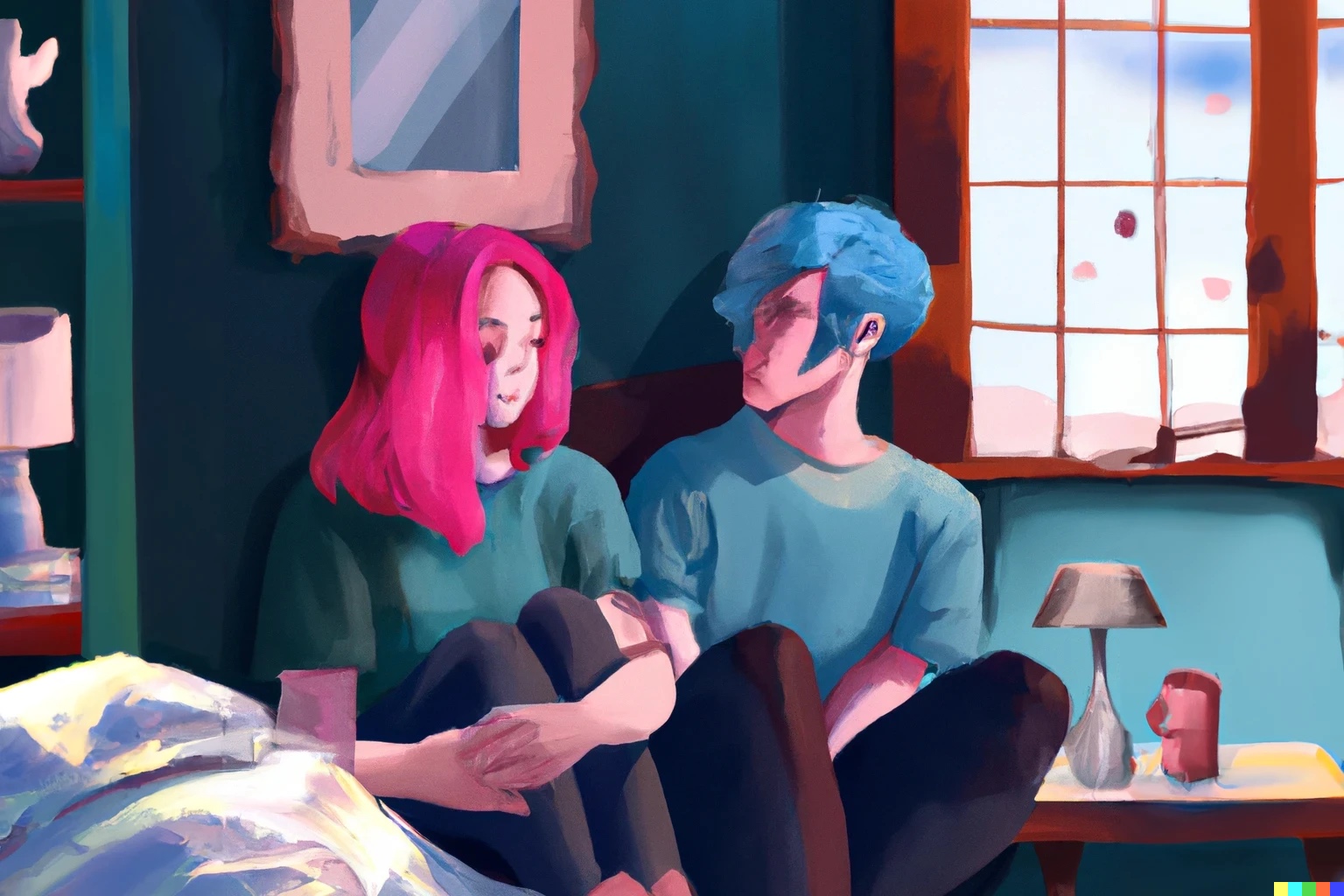 A pink-haired woman and a blue-haired man talking while sitting on the bed by the window sill.