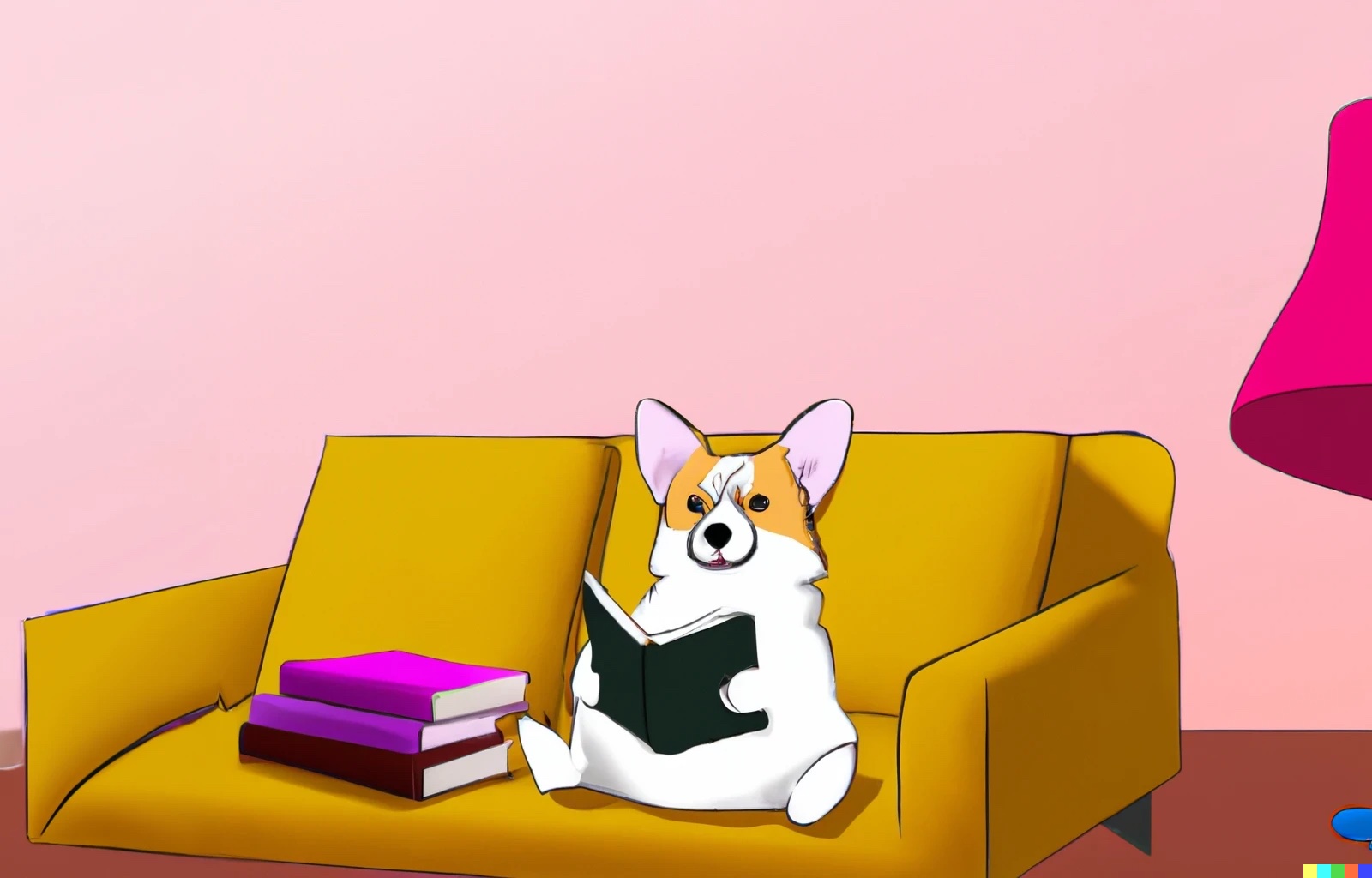 A happy corgi on a couch, reading a book. Digital drawing.